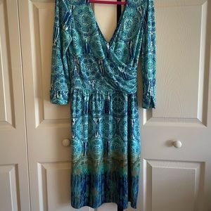 Maggy London Stretch Jersey Knit Long Sleeve Plunge Neck Faux Wrap Sheath Dress